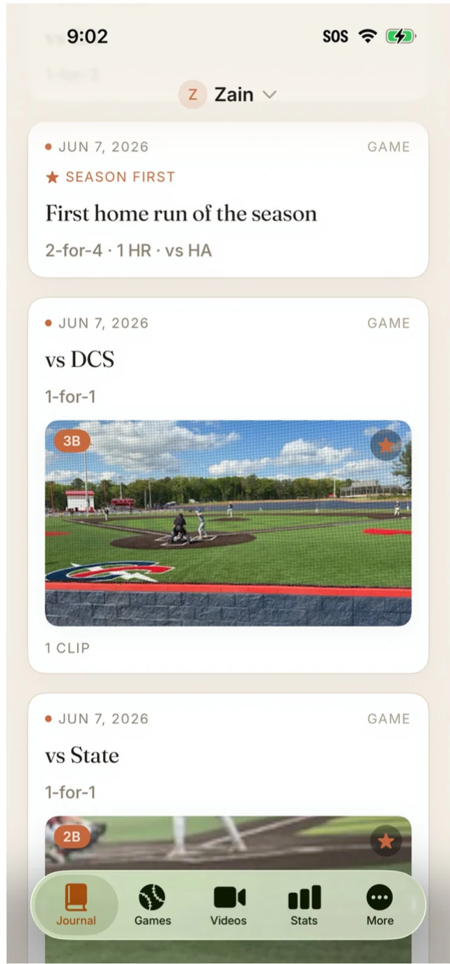 PlayerPath journal showing games, clips and season firsts